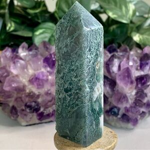 Moss Agate Crystal Tower Obelisk Energy Generator Chakra Healing Stone Wand 3.5"